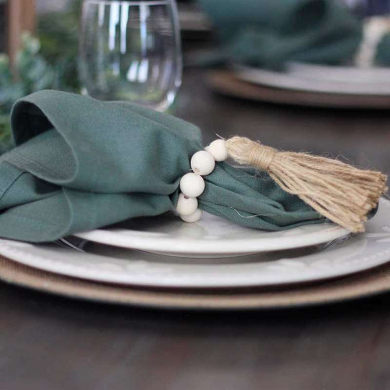 8pcs Tassels Wooden Bead Handmade Napkin Buckles Farmhouse White