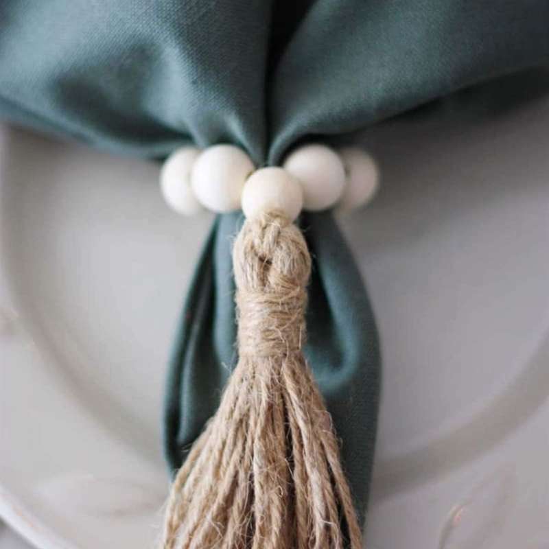 8pcs Tassels Wooden Bead Handmade Napkin Buckles Farmhouse White