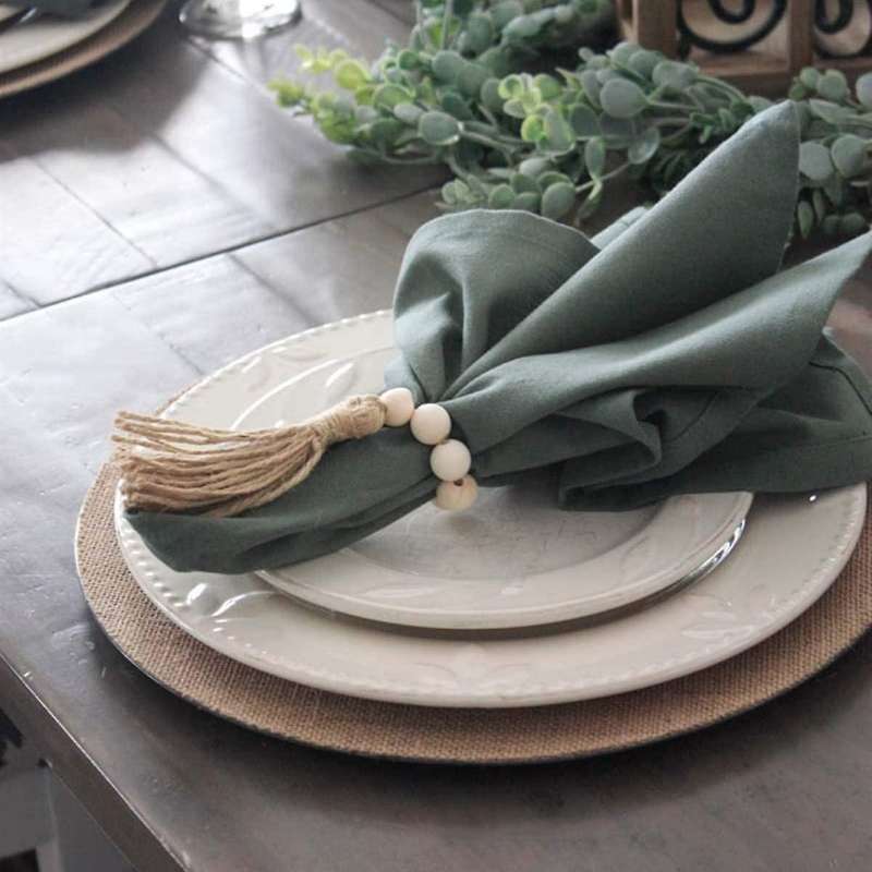 8pcs Tassels Wooden Bead Handmade Napkin Buckles Farmhouse White