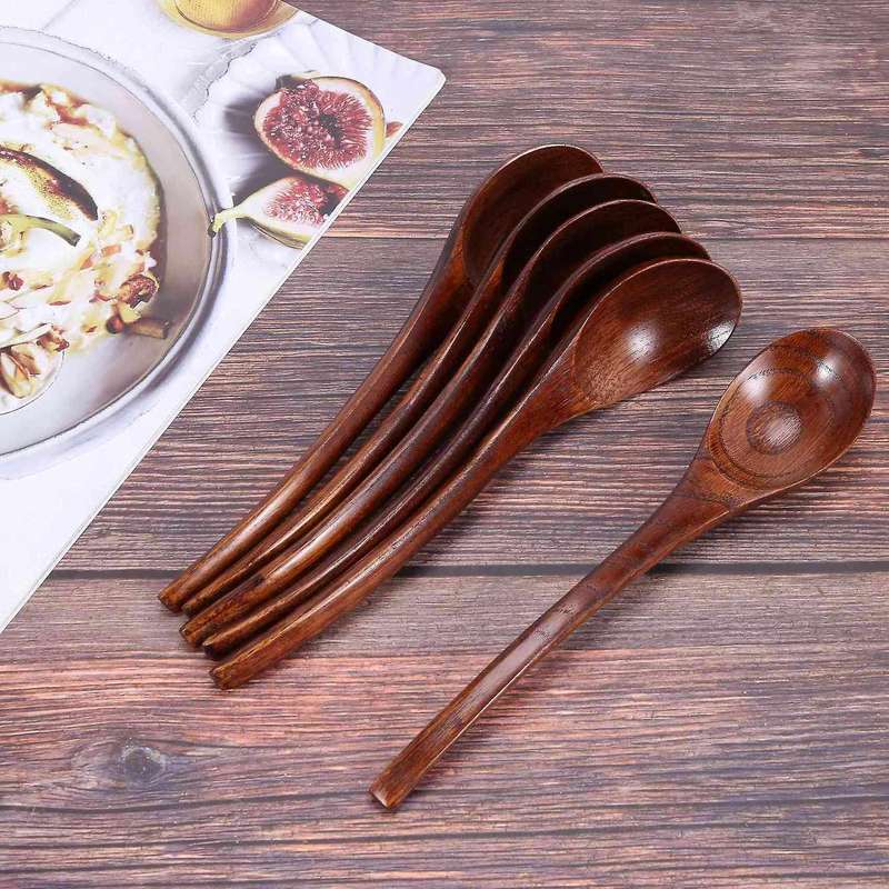 Wooden Soup Spoons, 6 Pieces 7.84 Inches Japanese Ramen Spoons Round