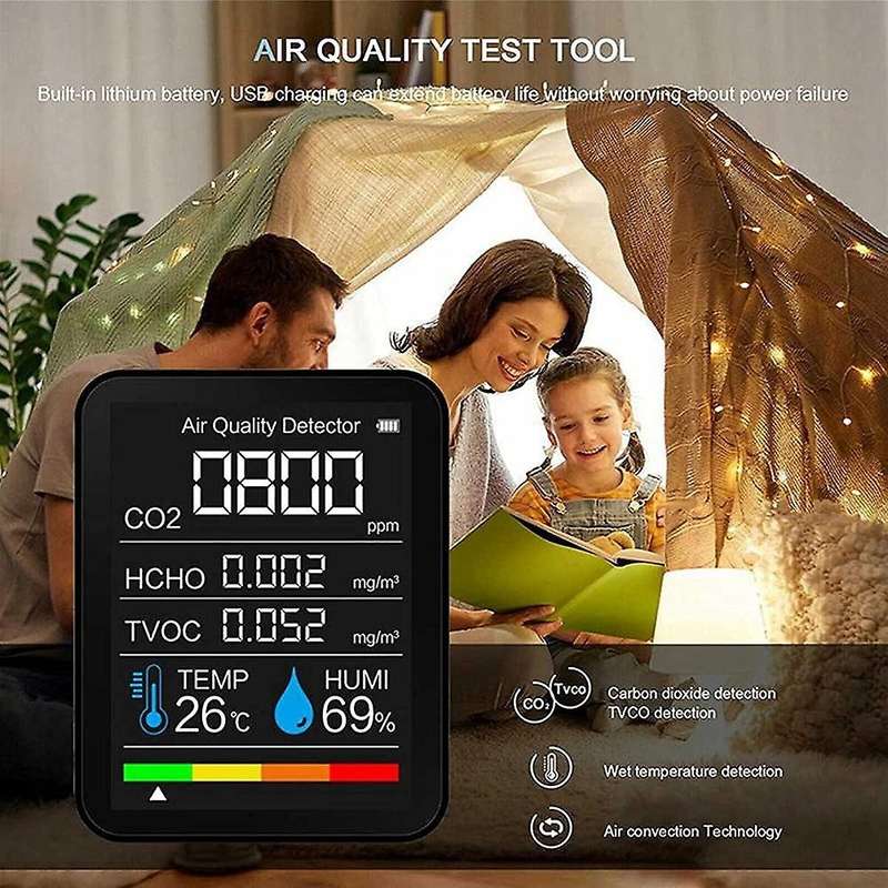 5 In 1 Co2 Meter Digital Temperature Humidity Sensor Tester Black