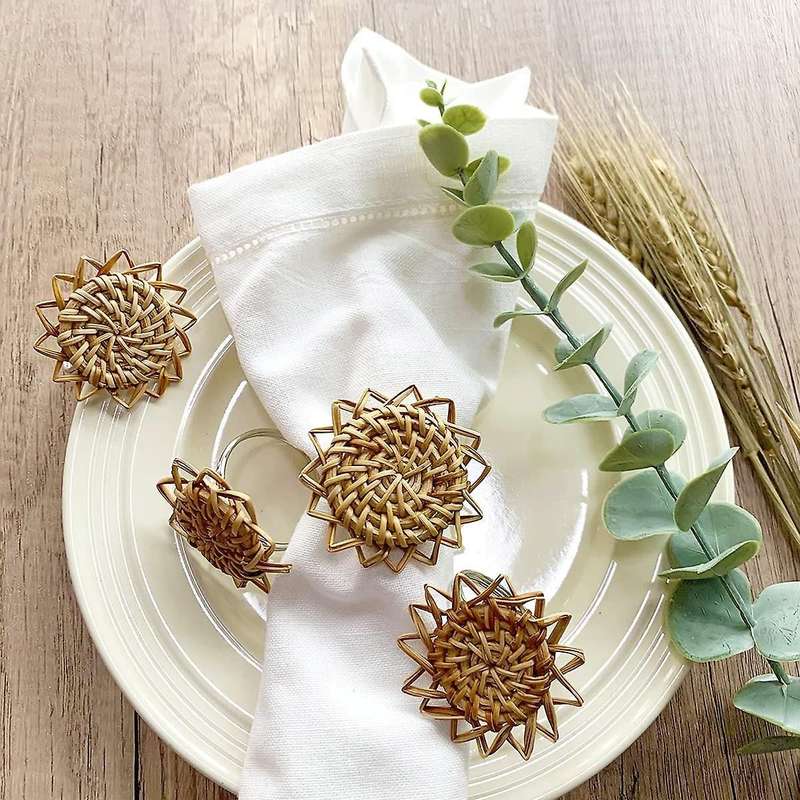 Rattan Napkin Rings Set Of 6, Handmade Woven Vintage Napkin Ring