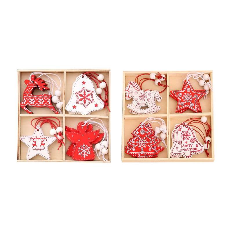 24pcs Christmas Wooden Pendants Xmas Tree Angel Deer Bell Star Decor