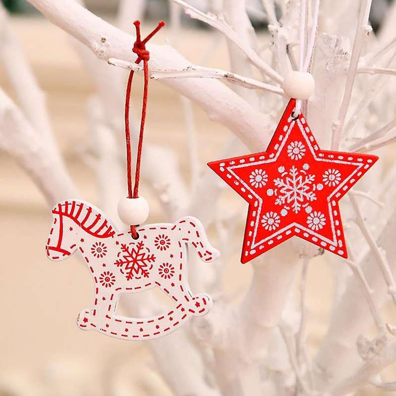 24pcs Christmas Wooden Pendants Xmas Tree Angel Deer Bell Star Decor