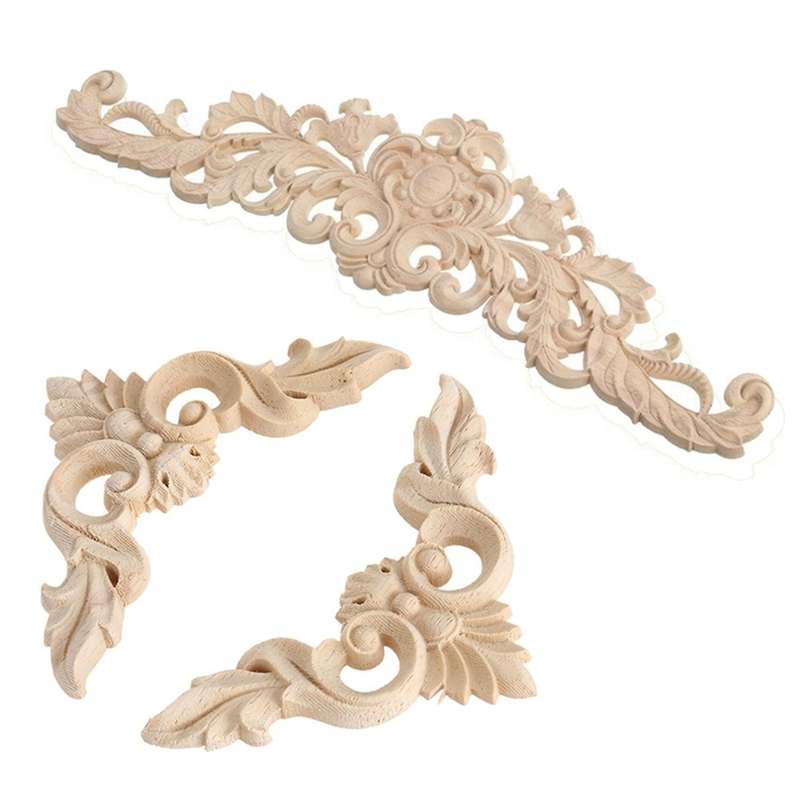 4pcs 8x8cm Wood Carved Corner Onlay Unpainted Applique