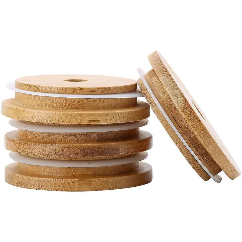 Bamboo Mason Bottle Caps with Holes,for 70mm Mouth Mason Jars 4pcs