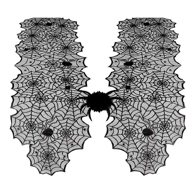 2pcs Halloween Table Runner Lace Black Spider Web Linens Polyester