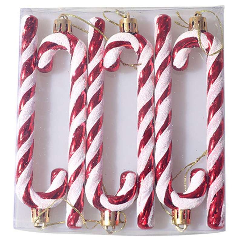 6pcs Christmas Tree Decoration Plastic Candy Cane Pendant, Red