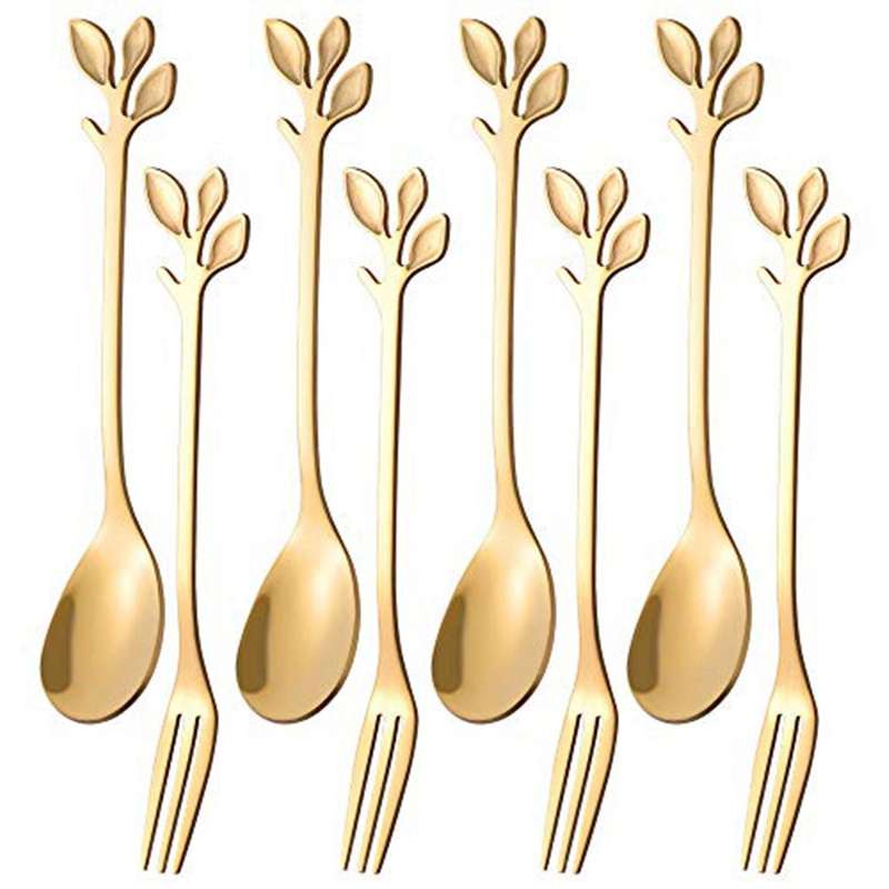 16pcs Dessert Spoon and Fork Set Creative Fruit Fork -gold
