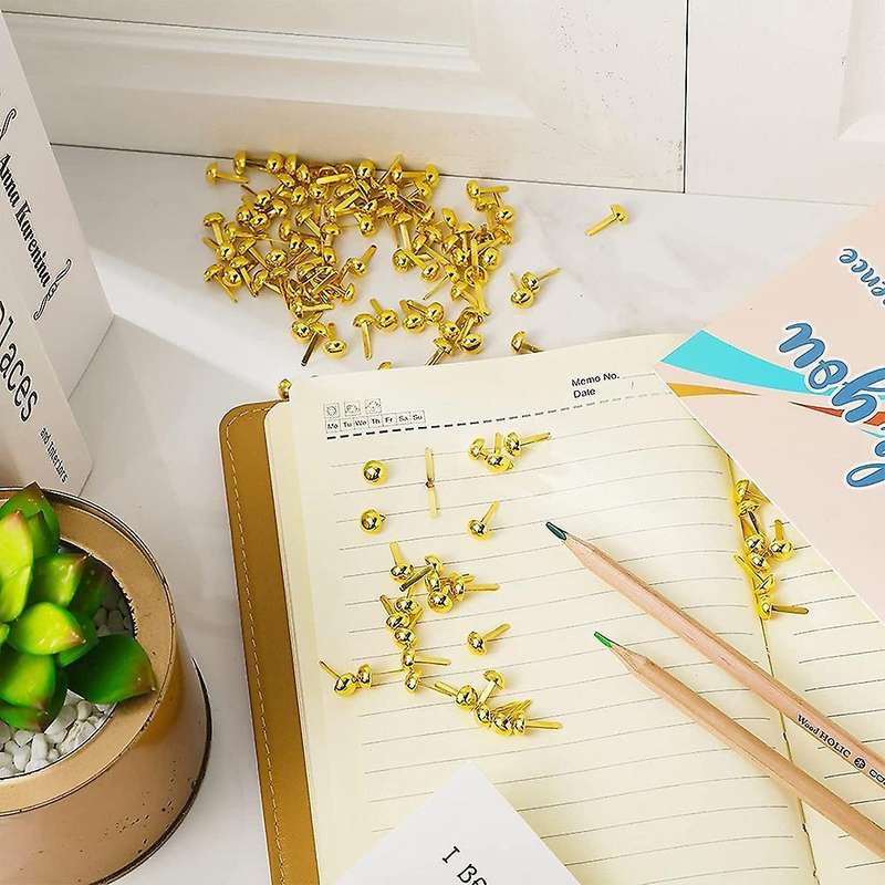 300 Pieces Of Paper Fasteners Round Headgear Sturdy Fasteners Gold
