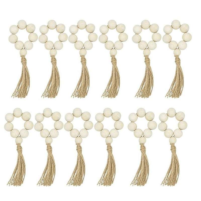 12pcs Wood Bead Napkin Rings with Tassels Rustic Weddings Home Decor