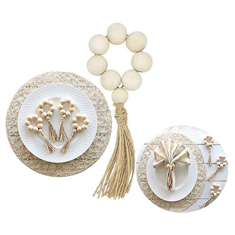 12pcs Wood Bead Napkin Rings with Tassels Rustic Weddings Home Decor