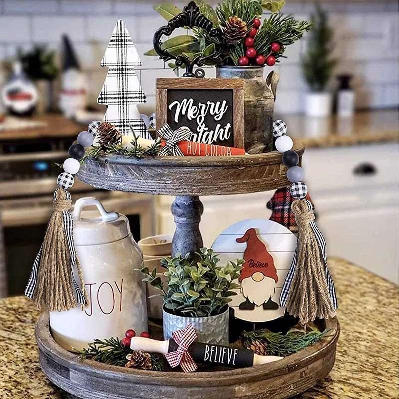 Farmhouse Wood Bead Garland, with Jute Rope Buffalo Plaid Ribbon