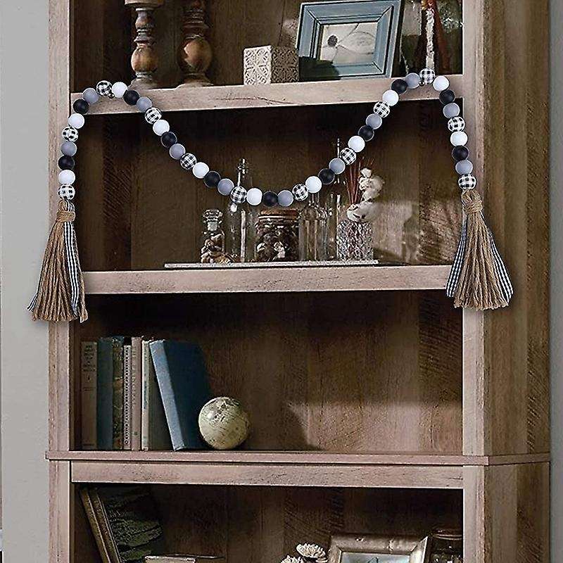 Farmhouse Wood Bead Garland, with Jute Rope Buffalo Plaid Ribbon