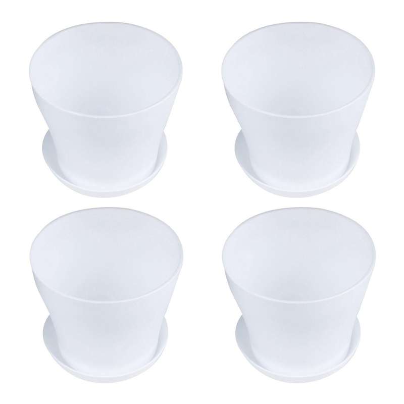 4x Plastic Plant Flower Pot with Tray Round White Upper Caliber 14cm