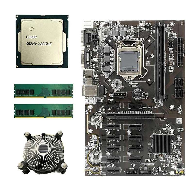 B250 Btc Mining Motherboard with G3900 Cpu+2x8g Ddr4 Ram+ Fan 12 Pcie