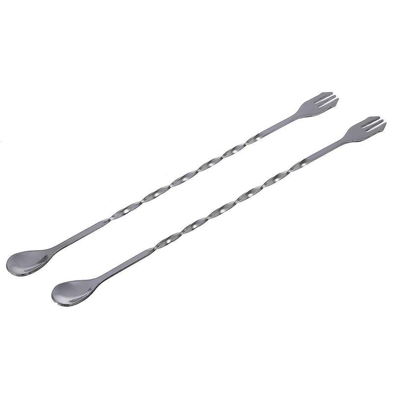 2pcs New Stainless Steel Bar Cocktail Twisted Mixing Spoon Fork Diy Set