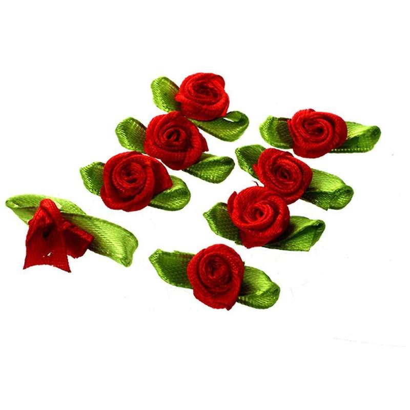 100x Ribbon Rose Flower Leaf Decor Applique Sewing Diy Red