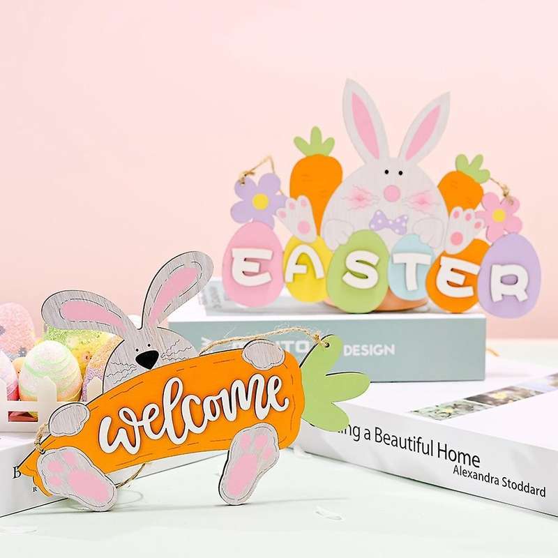 2pcs Happy Rabbit Chick Wooden Easter Decor for Home Diy Party Decor