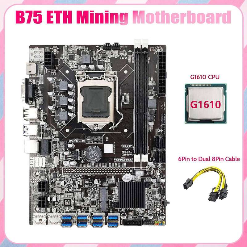 B75 Eth Mining Motherboard+g1610 Cpu+6pin to Dual 8pin Cable Lga1155