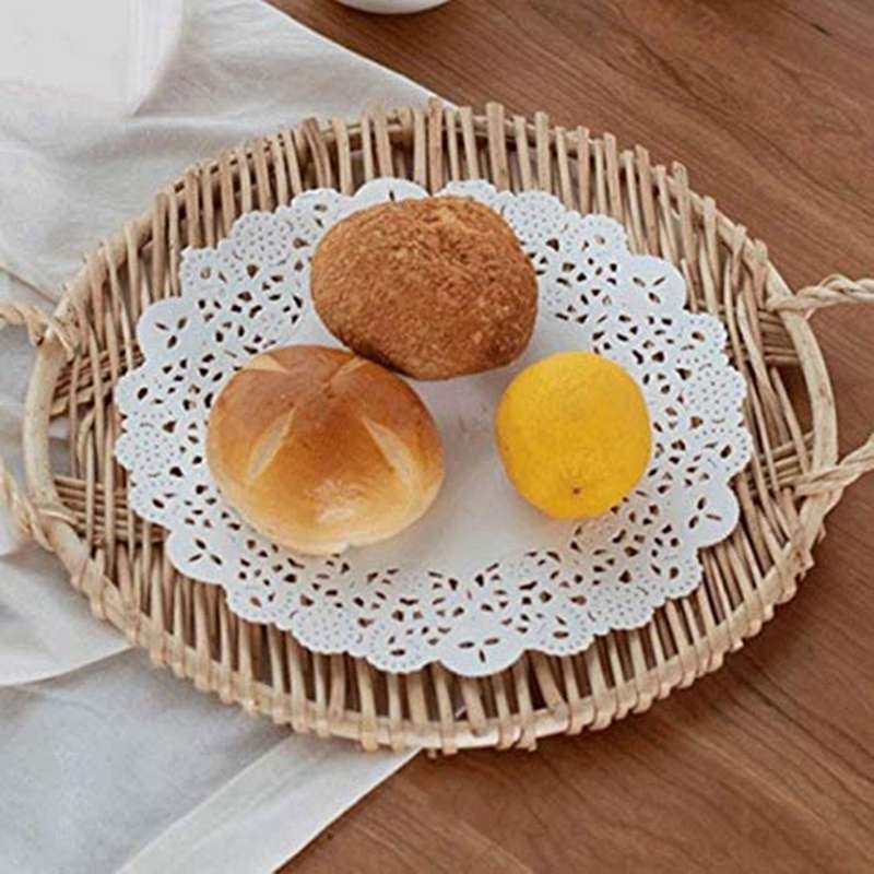 Rattan Round Fruit Tray with Handle Storage Tray Pastoral Rattan Tray