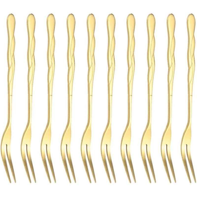 10pcs Stainless Steel Cake Fork 2 Prong Dinner Fork Golden