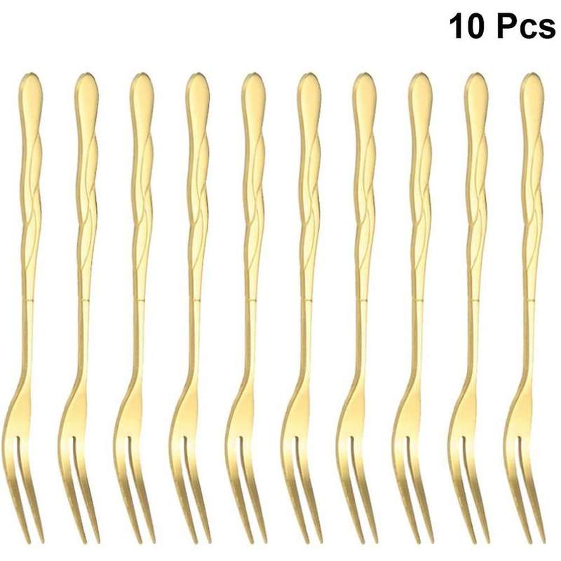 10pcs Stainless Steel Cake Fork 2 Prong Dinner Fork Golden