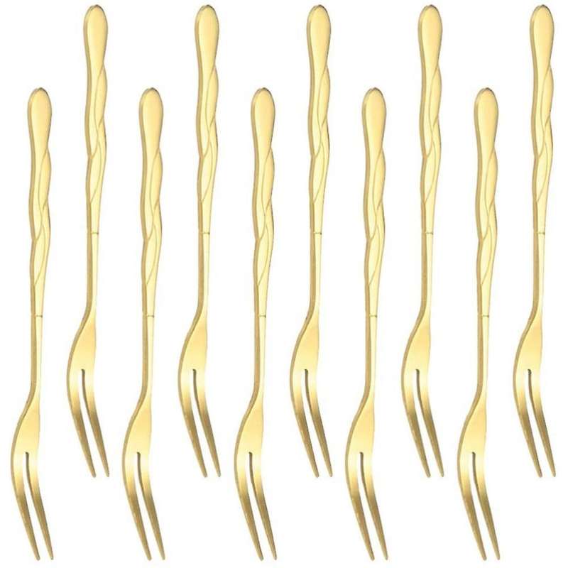 10pcs Stainless Steel Cake Fork 2 Prong Dinner Fork Golden