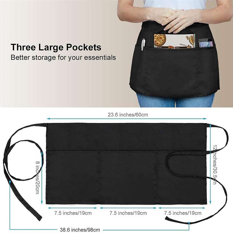 3 Waitress Aprons, Waiter Server Waist Aprons for Women Men, Black