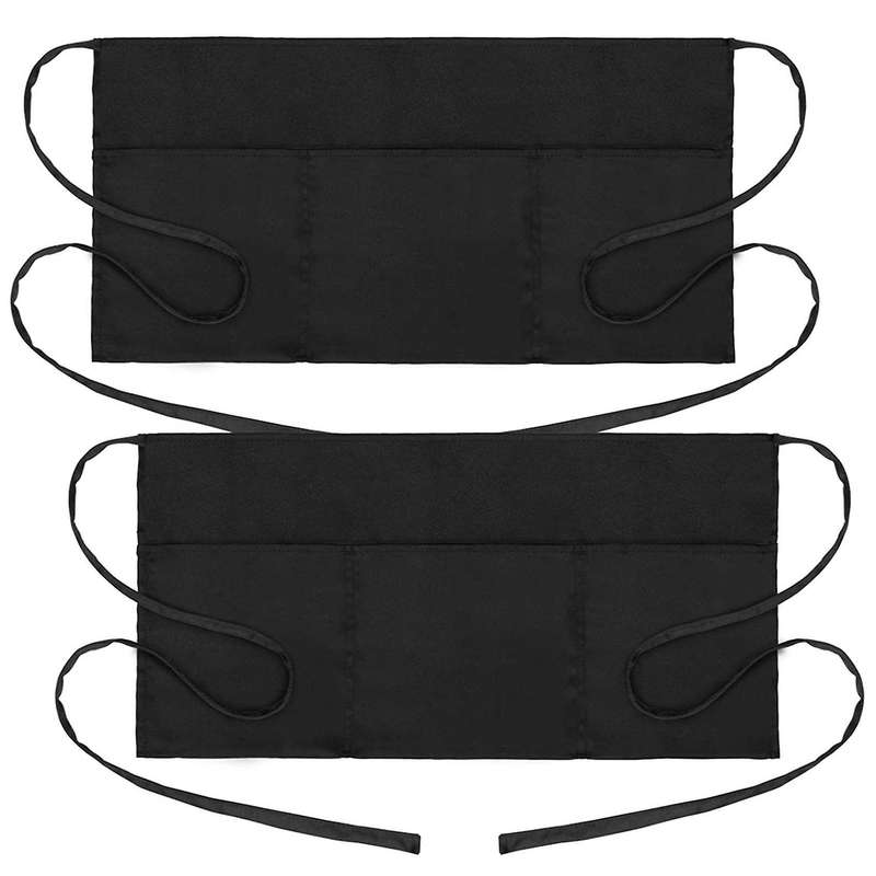 3 Waitress Aprons, Waiter Server Waist Aprons for Women Men, Black