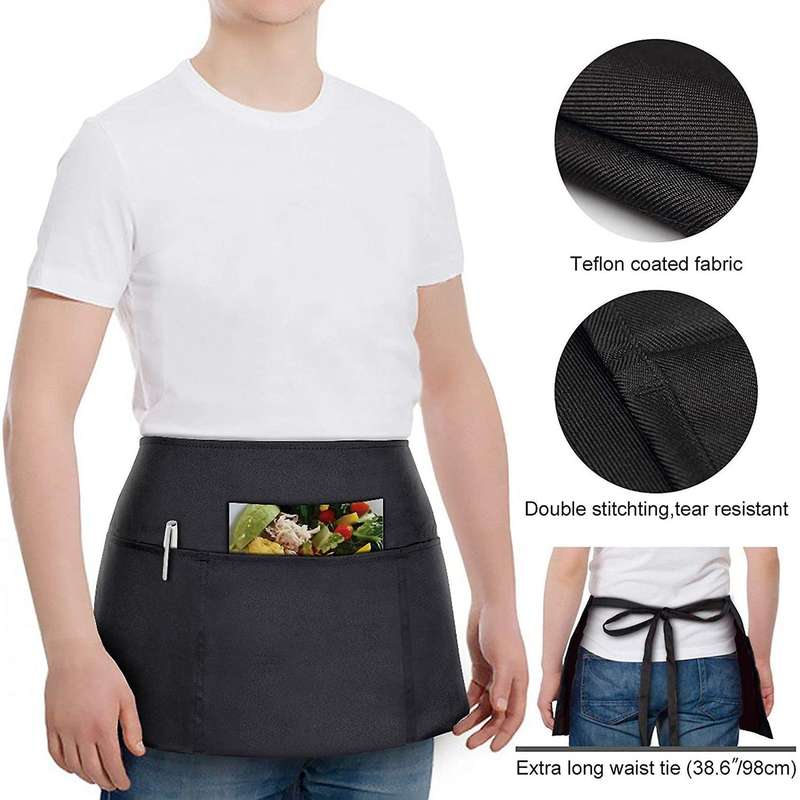 3 Waitress Aprons, Waiter Server Waist Aprons for Women Men, Black