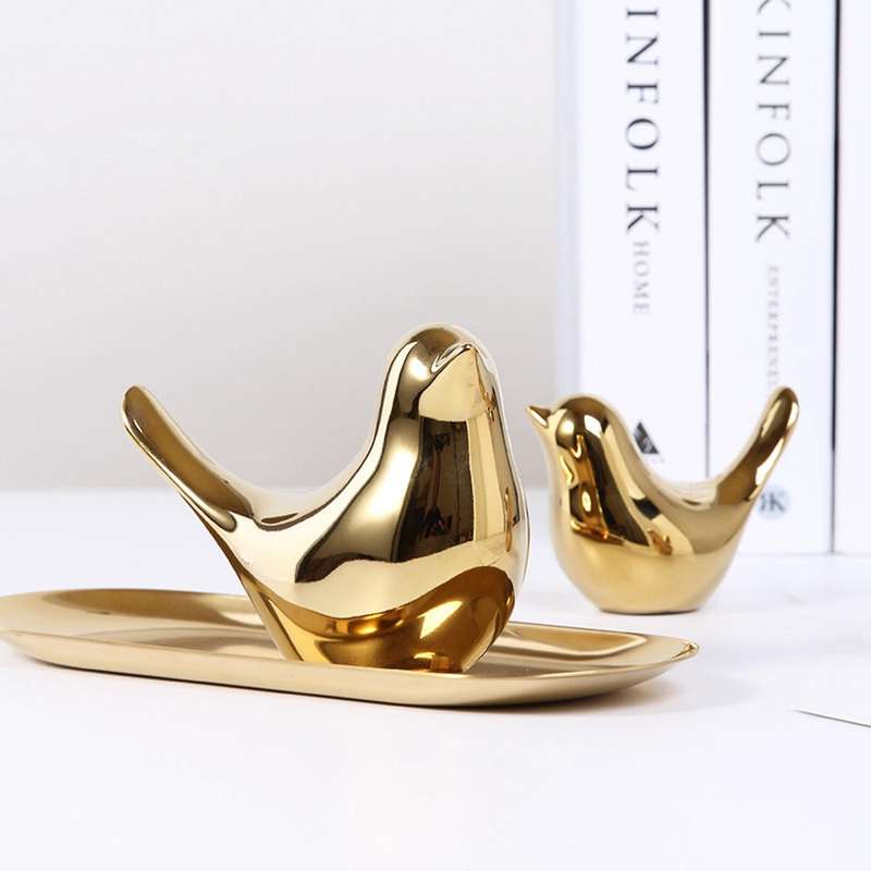 2x Polar House Golden Bird Figurines Modern Ceramic Bird Statues -m