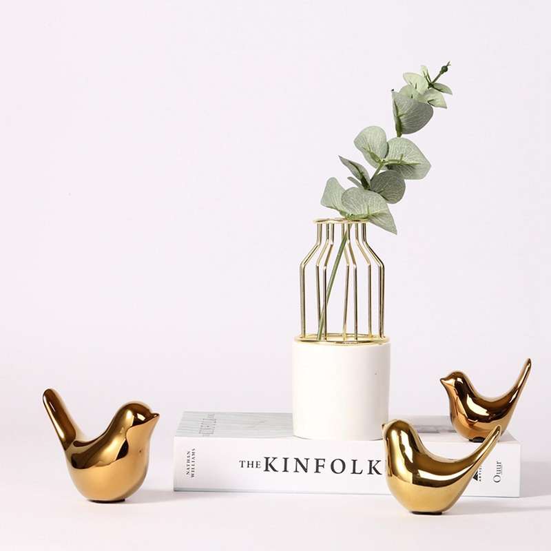 2x Polar House Golden Bird Figurines Modern Ceramic Bird Statues -m