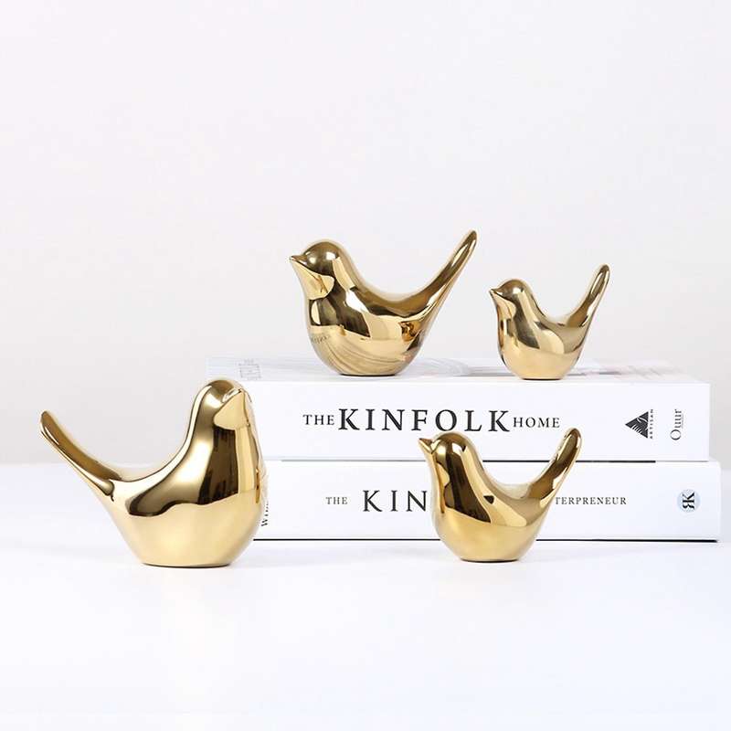 2x Polar House Golden Bird Figurines Modern Ceramic Bird Statues -m