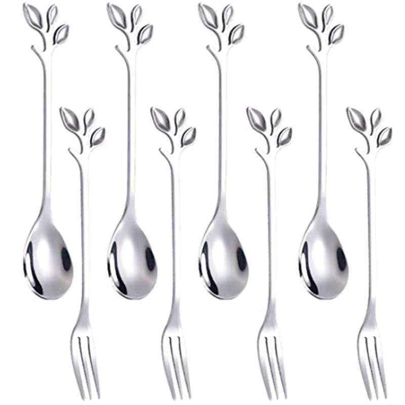 16pcs Dessert Spoon and Fork Set Creative Fruit Fork -silver