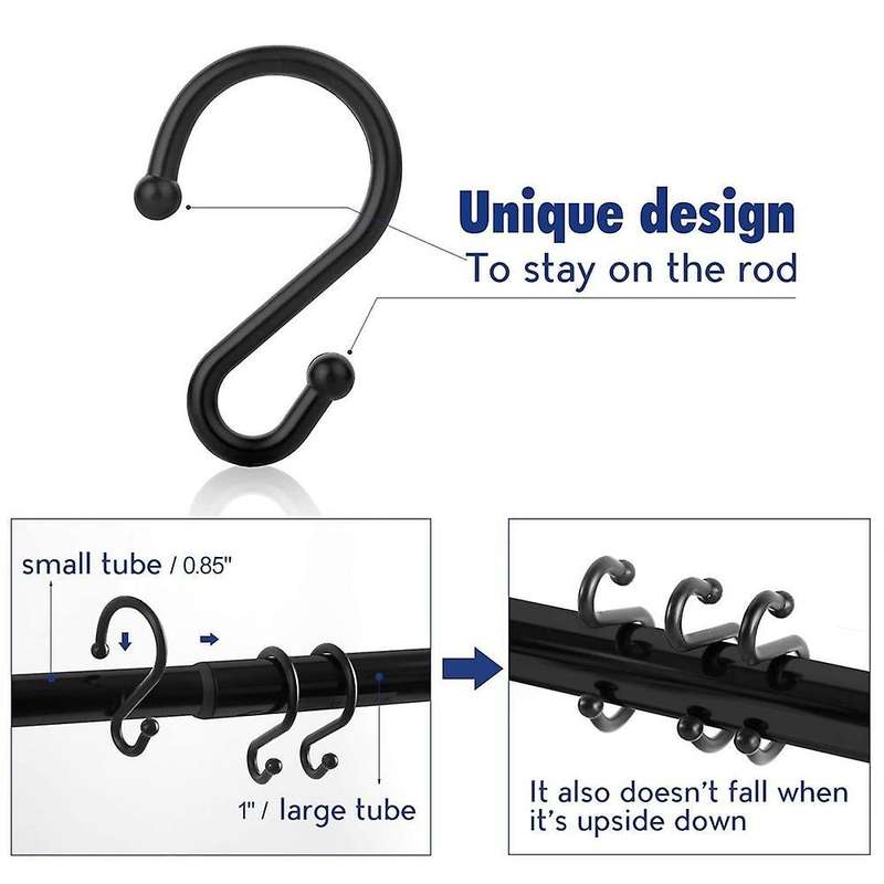Set Of 12 Rings,s Shaped Hooks Hangers for Shower Curtains,(black)