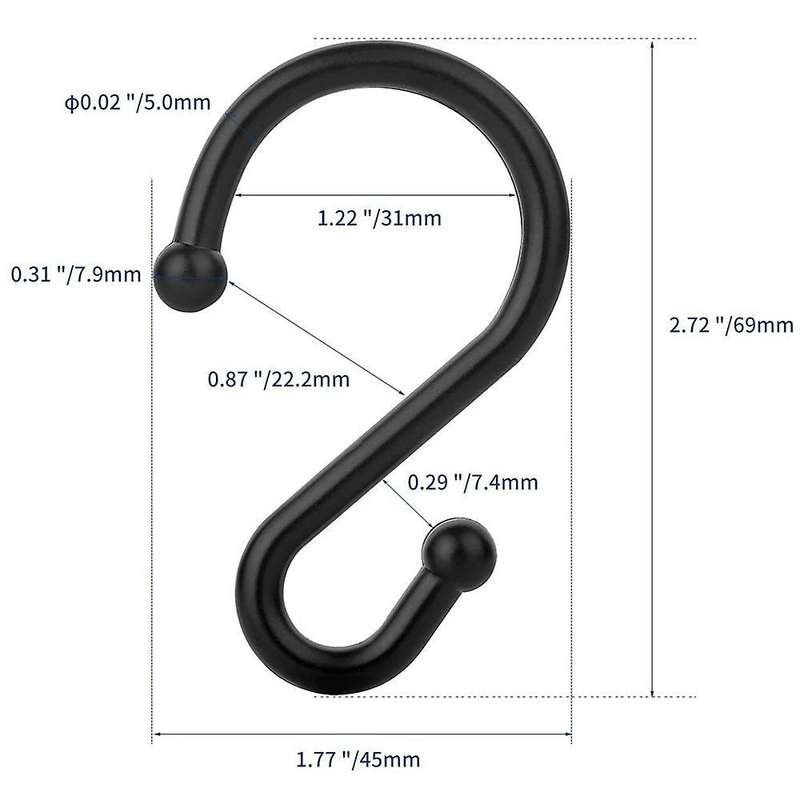 Set Of 12 Rings,s Shaped Hooks Hangers for Shower Curtains,(black)