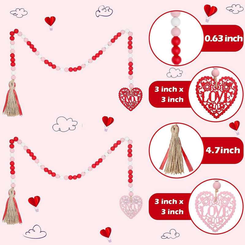 2 Pieces Valentine's Day Heart Wooden Beads Hanging Garlands Decor