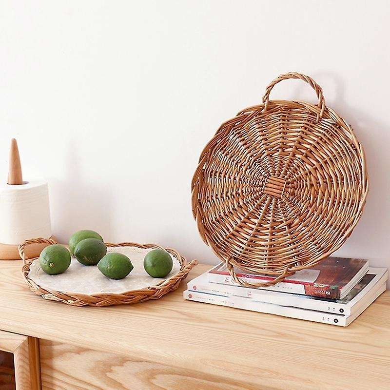 Rattan Round Storage Tray Woven Picnic Basket Snack Tray with Handle