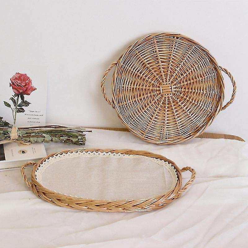 Rattan Round Storage Tray Woven Picnic Basket Snack Tray with Handle