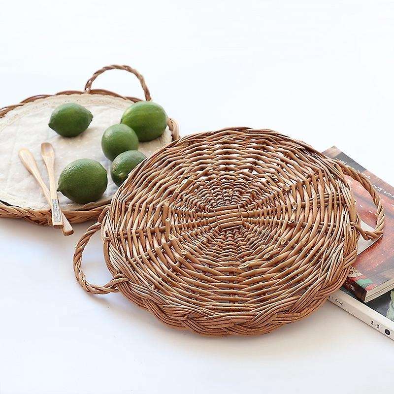 Rattan Round Storage Tray Woven Picnic Basket Snack Tray with Handle
