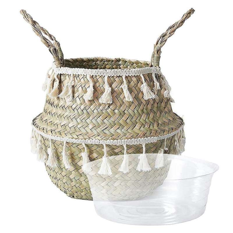 Plant Basket with Tray,tassel Macrame Woven Seagrass Baskets Decorate