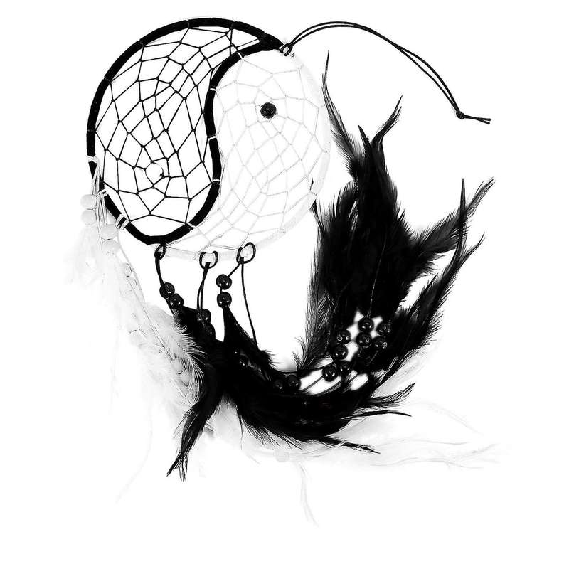 Yin Yang Dream Catcher Circular with Feathers Beads, Black and White