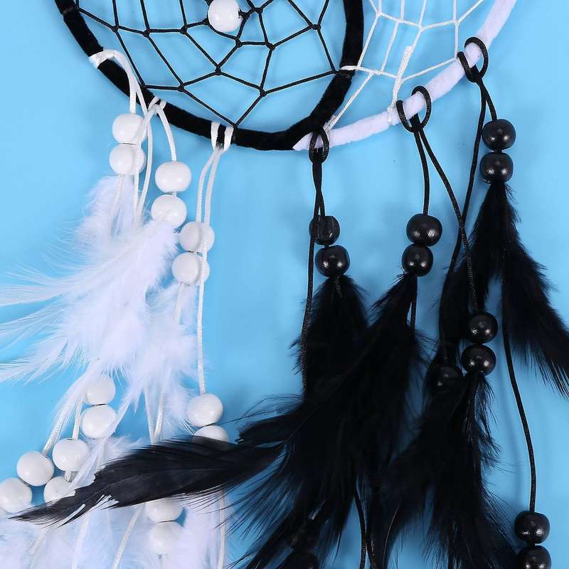 Yin Yang Dream Catcher Circular with Feathers Beads, Black and White
