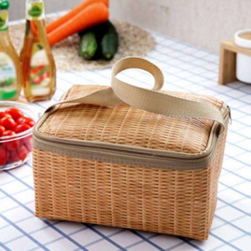 2pcs Imitation Rattan Lunch Bags Insulated Thermal Cooler Lunch Box