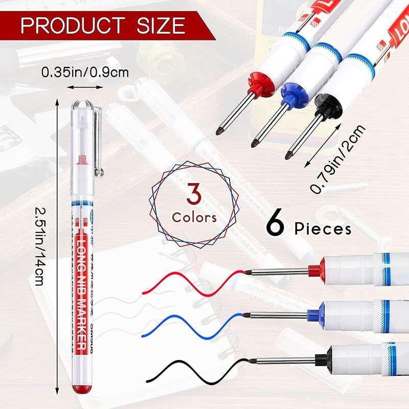 6pcs Long Head Deep Hole Marker Carpenter Mark Waterproof Marker Pe