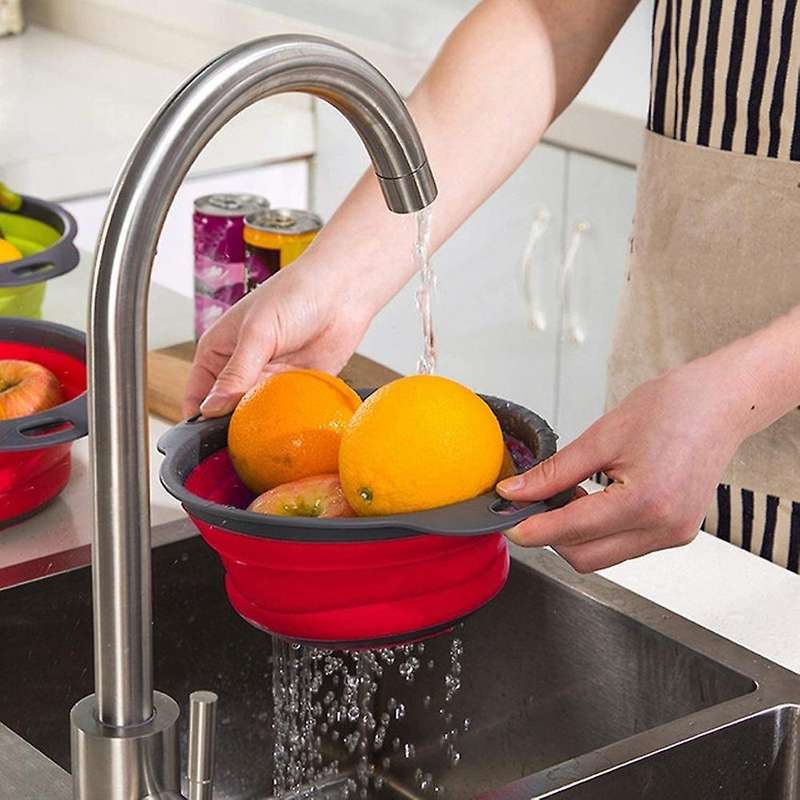 Red Collapsible Kitchen Colander Silicone Strainer Dishwasher