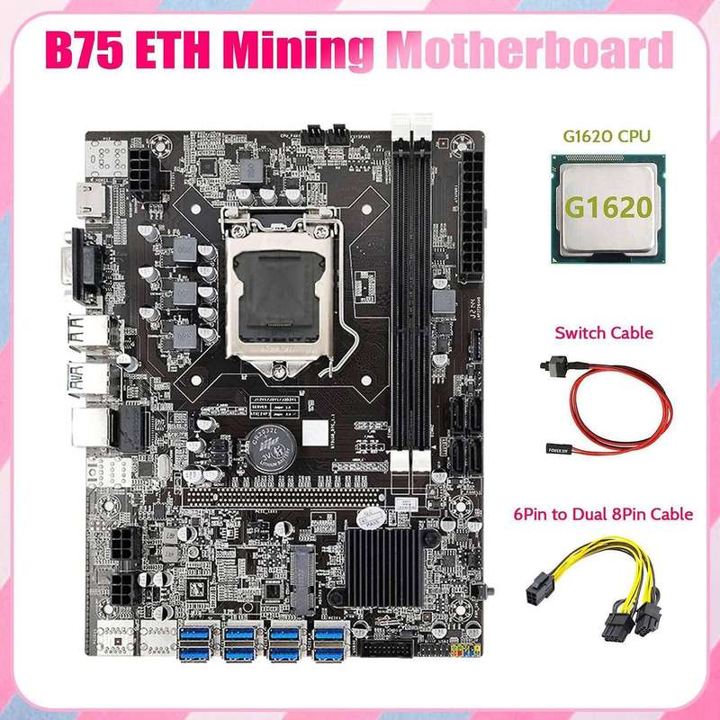 B75 Eth Mining Motherboard 8xpcie to Usb+g1620 Cpu+6pin to Dual 8pin