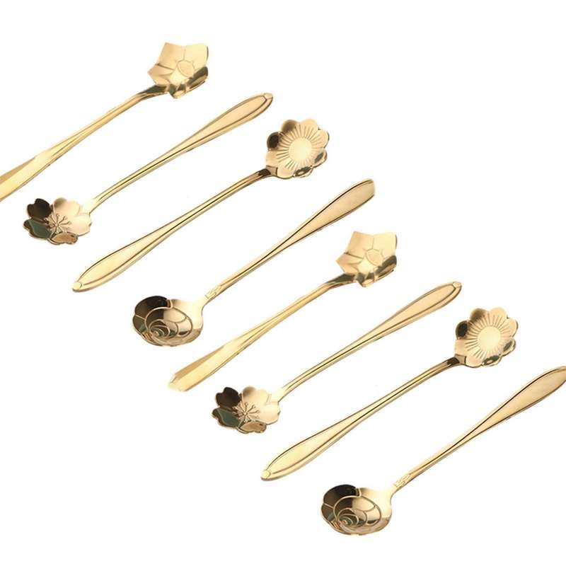 8pcs Cute Stainless Steel Flower Teaspoon Dessert Coffee Spoon Gold