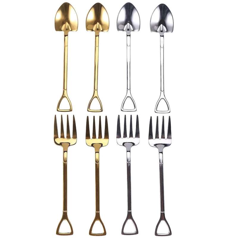 8 Pieces Shovel Spoon Fork Shovel Coffee Handle Dessert Spoon Silver & Gold